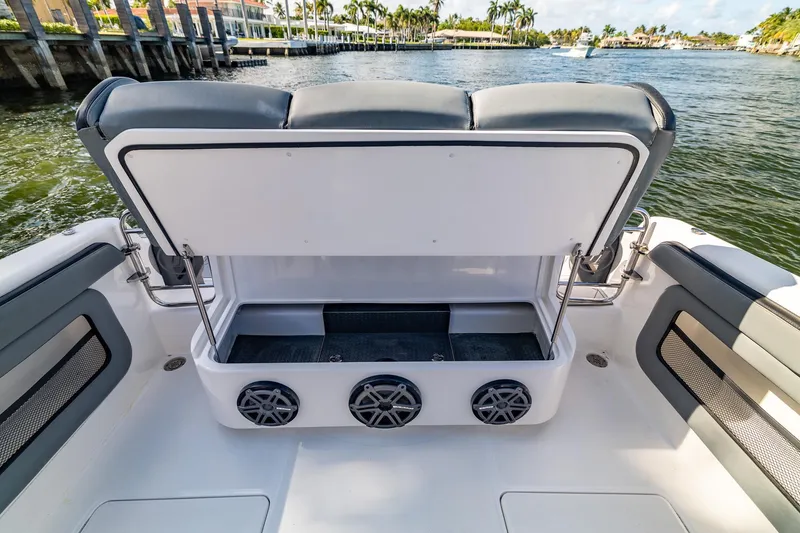 Slide: The Image of 2019 Deep Impact 369 Sport boat with open storage compartment and speakers, dockside view. - 71