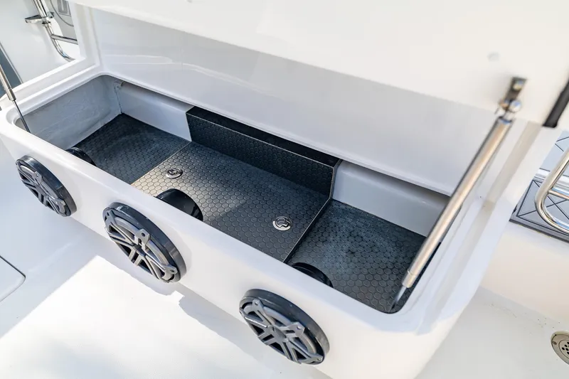Slide: The Image of Storage compartment with speakers on a 2019 Deep Impact 369 Sport boat. - 73