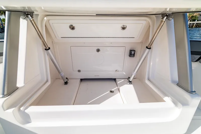 Slide: The Image of Storage compartment of 2019 Deep Impact 369 Sport boat, featuring hydraulic struts and secure latch. - 76