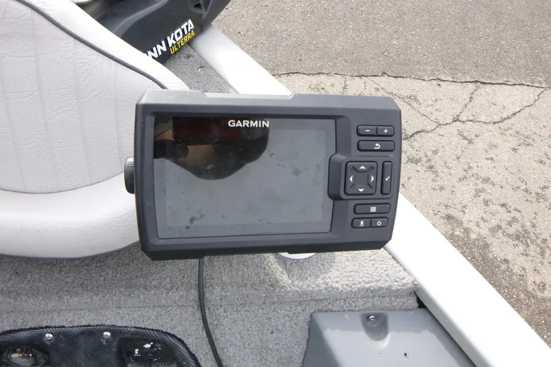 Slide: The Image of Garmin fishfinder on 2005 Tracker Tournament V-18 All Fish boat, near Minn Kota motor. - 9