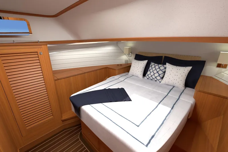 Slide: The Image of Luxurious cabin interior of 2027 Hunt Yachts 56 Ocean Express with elegant bedding. - 13