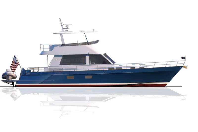 Slide: The Image of 2027 Hunt Yachts 56 Ocean Flybridge, sleek blue design, side view with American flag. - 19