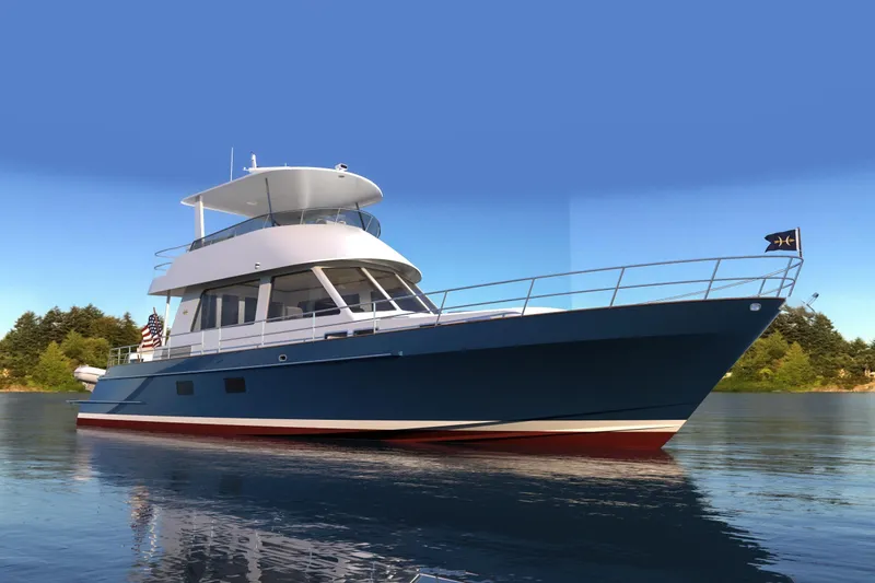 Slide: The Image of 2027 Hunt Yachts 56 Ocean Flybridge cruising on calm waters under clear blue skies. - 7