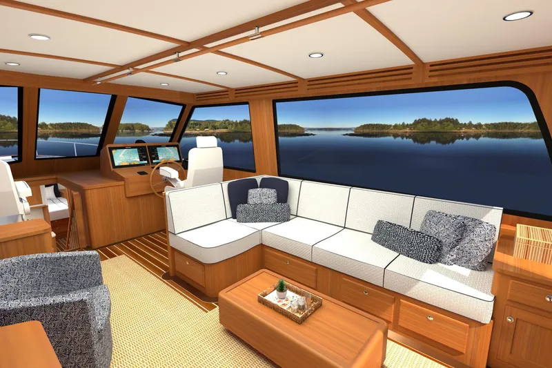 Slide: The Image of Luxurious interior of 2027 Hunt Yachts 56 Ocean Express with scenic ocean view. - 9