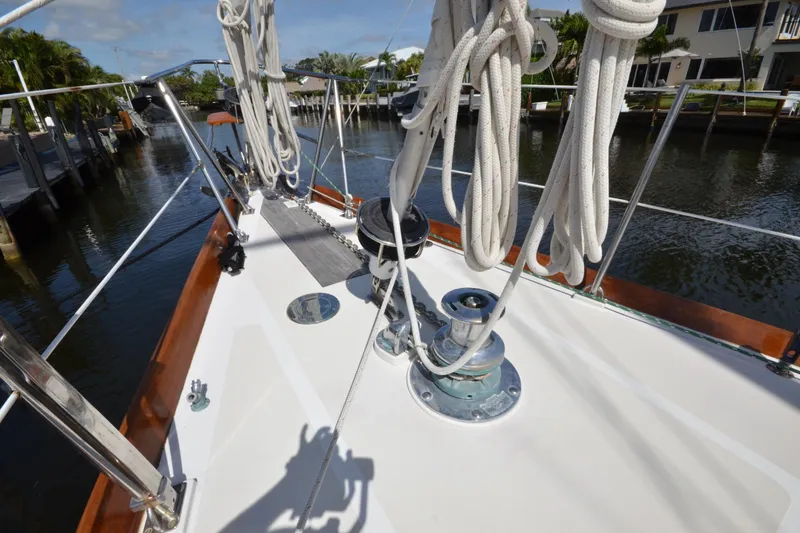 Slide: The Image of Deck view of 1992 Hinckley Sou'wester 59 sailboat with ropes and winch. - 13