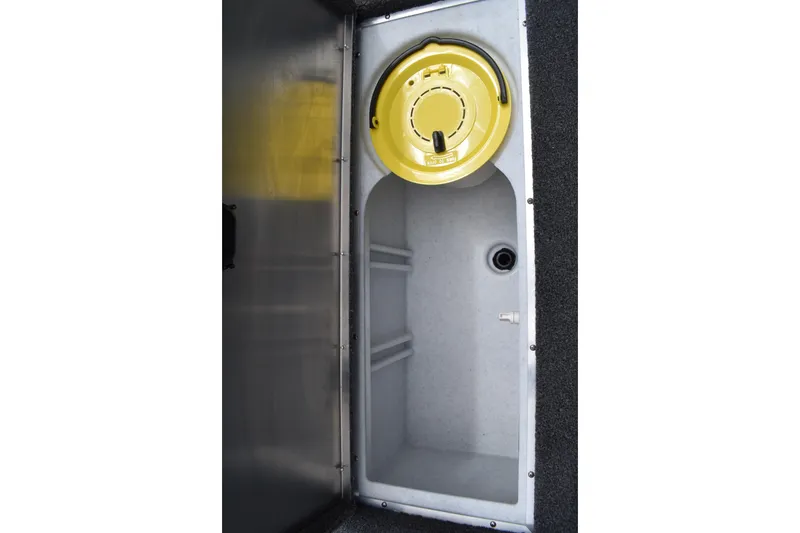 Slide: The Image of 2026 Lowe Fishing Machine 1625WT livewell with yellow lid and drainage system. - 18