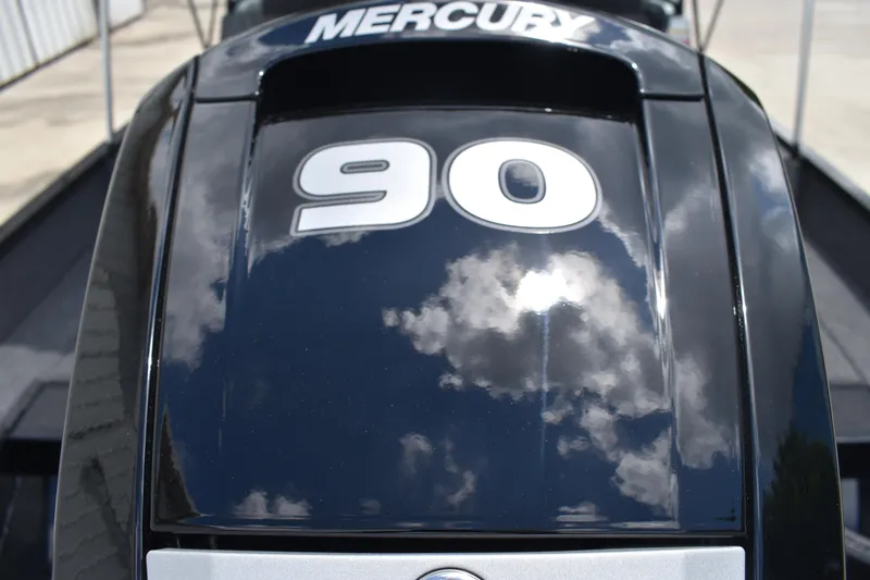 Slide: The Image of Mercury 90 horsepower engine on Lowe Fishing Machine 1625WT, 2026 model, reflecting clouds. - 6