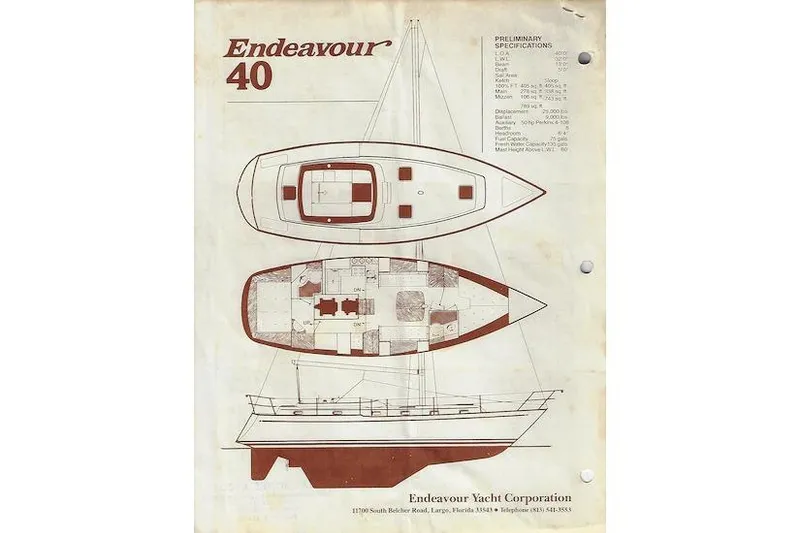 Slide: The Image of Blueprint of 1982 Endeavour 40 yacht with deck and interior layout. - 70