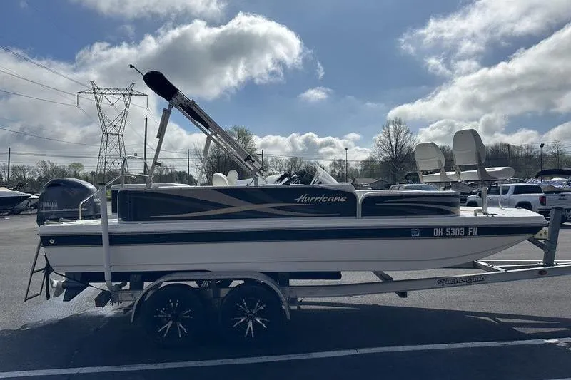 Slide: The Image of 2026 Hurricane FunDeck 196 RE boat on trailer under cloudy sky. - 4