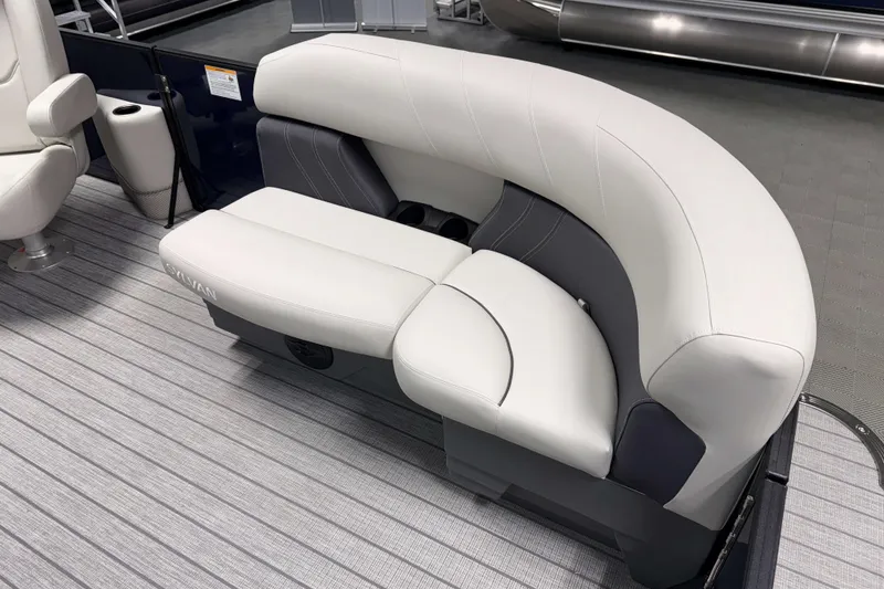 Slide: The Image of Luxurious seating on 2026 Sylvan Mirage 8520 LZ PTS Tritoon, featuring elegant white upholstery. - 14