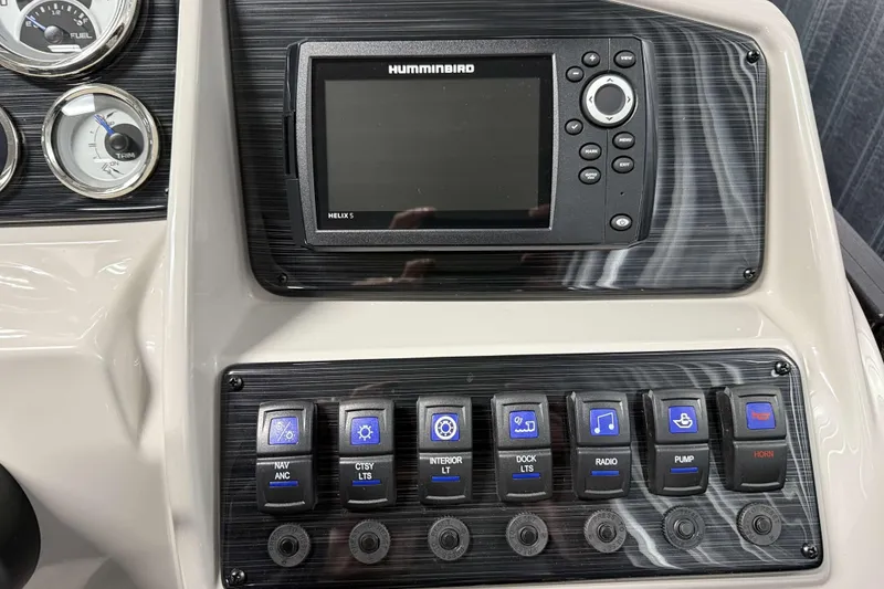 Slide: The Image of Dashboard of 2026 Sylvan Mirage 8520 LZ PTS Tritoon with Humminbird Helix 5 display. - 9