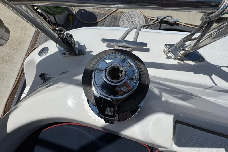 Slide: The Image of Winch on 2004 Hunter 41 Aft Cockpit sailboat deck, with ropes and fittings. - 21