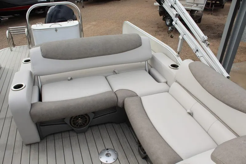 Slide: The Image of 2020 Avalon Catalina Versatile Rear Bench 23' with plush seating and cup holders. - 6