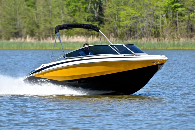 The Image of 2014 Regal 2100 boat cruising on a lake with lush green trees in the background. - 1