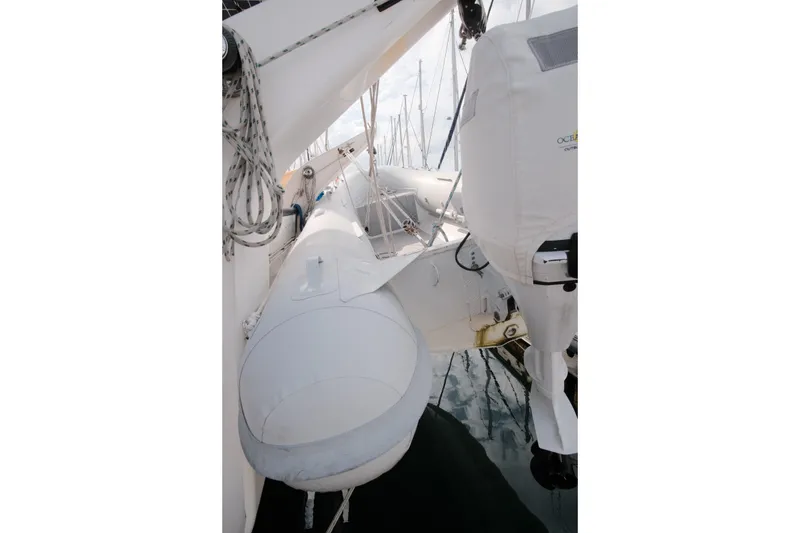 Slide: The Image of Inflatable dinghy on Leopard 46 yacht, 2007 model, docked with rigging visible. - 31