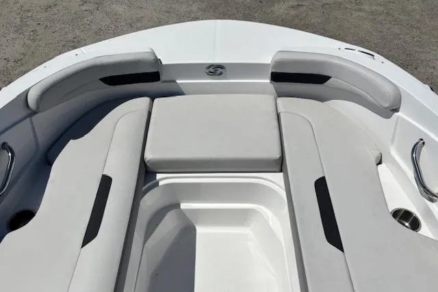 Slide: The Image of 2023 Hurricane SunDeck Sport 185 OB boat interior with cushioned seating and sleek design. - 11