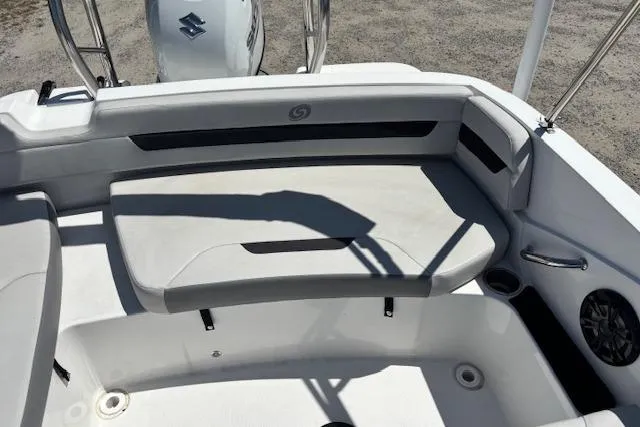 Slide: The Image of 2023 Hurricane SunDeck Sport 185 OB boat interior with cushioned seating and cup holders. - 14