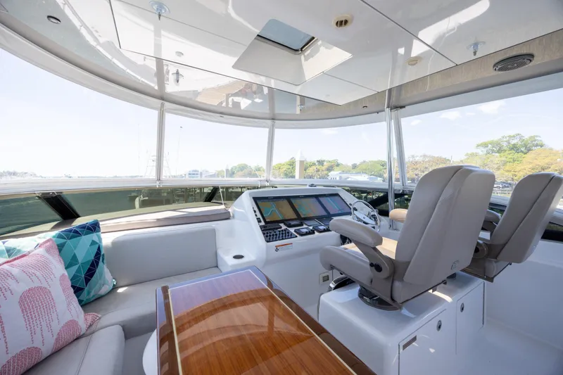 Slide: The Image of Luxurious 2017 Hatteras M75 Panacera yacht helm with plush seating and modern navigation equipment. - 25