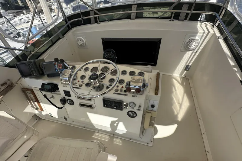 Slide: The Image of 1987 Californian 34 yacht helm with steering wheel, gauges, and navigation equipment. - 3