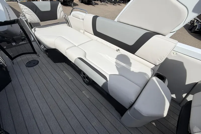 Slide: The Image of Luxurious seating on 2026 Avalon Excalibur Quad Lounge Windshield boat, featuring sleek design and comfort. - 18
