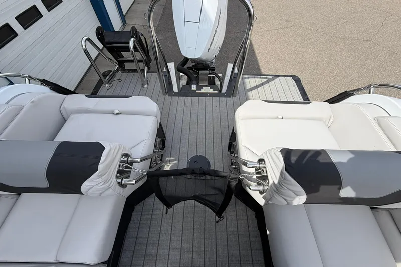 Slide: The Image of 2026 Avalon Excalibur Quad Lounge boat interior with plush seating and modern design. - 20