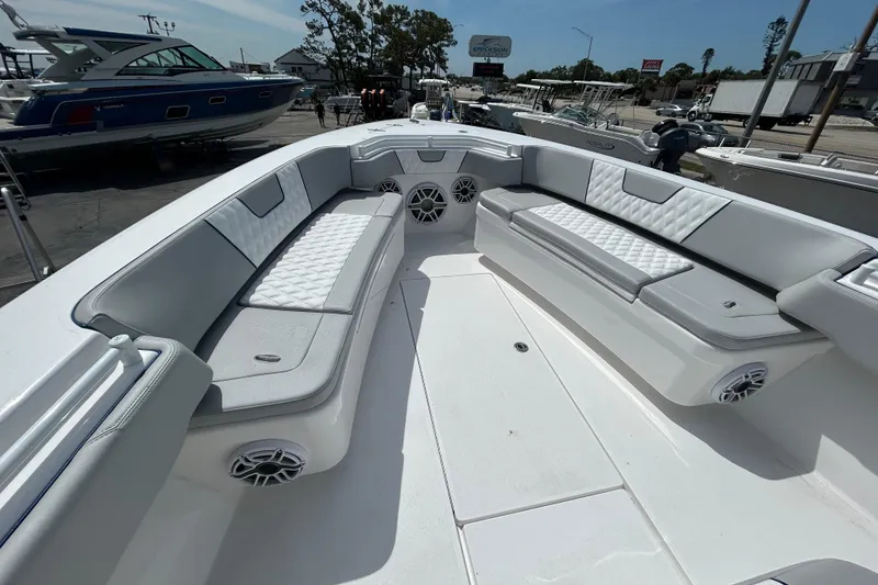 Slide: The Image of 2026 Contender 39 ST boat interior with luxurious seating and modern design. - 20