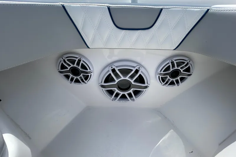 Slide: The Image of 2026 Contender 39 ST boat interior with three marine speakers. - 21
