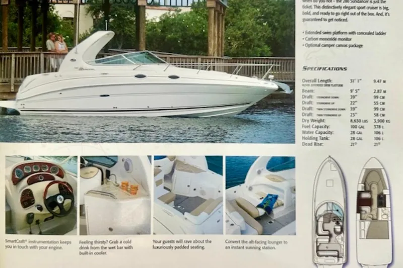 Slide: The Image of 2006 Sea Ray Sundancer 280 boat with luxurious interior and detailed specifications. - 21