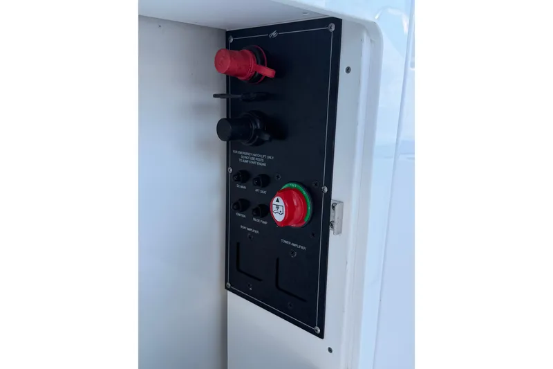 Slide: The Image of Control panel of 2023 Monterey M-45 boat with emergency switches and indicators. - 16