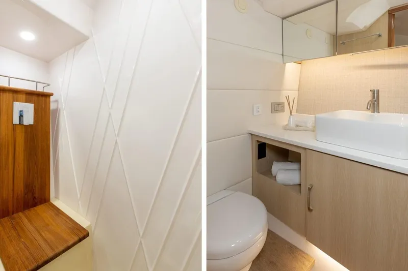 Slide: The Image of Luxurious 2021 Regal 38 SAV yacht bathroom with modern sink and wooden accents. - 26