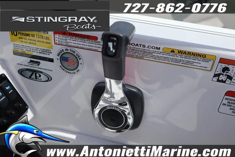 Slide: The Image of Stingray 20 SBX 2026 boat control panel with Suzuki throttle, safety warnings, and contact details. - 13
