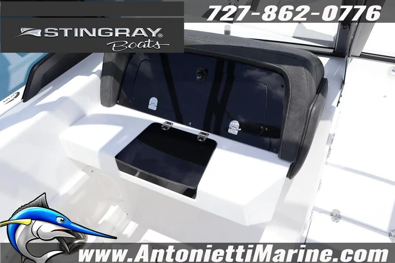 Slide: The Image of 2026 Stingray 20 SBX boat interior with storage compartment, featuring Antonietti Marine branding. - 15