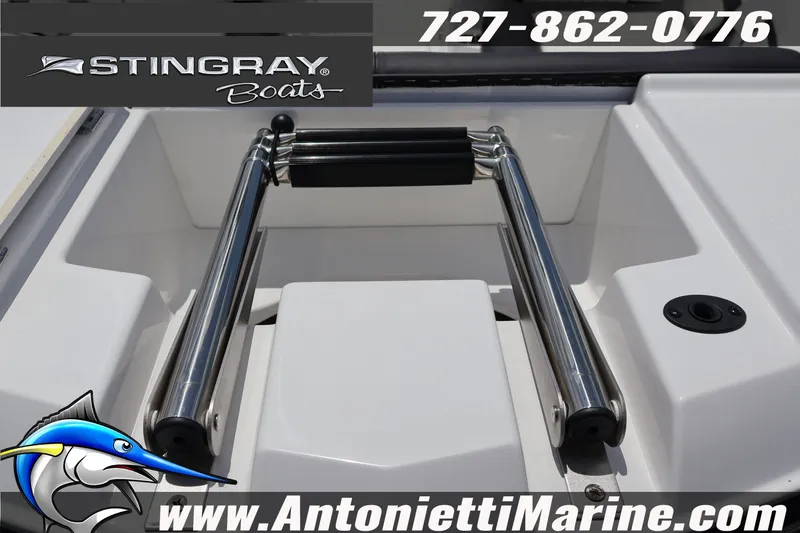 Slide: The Image of 2026 Stingray 20 SBX boat ladder detail with contact information and logo. - 4