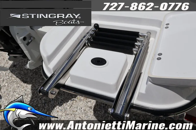 Slide: The Image of 2026 Stingray 20 SBX boat ladder detail with contact information and logo. - 7