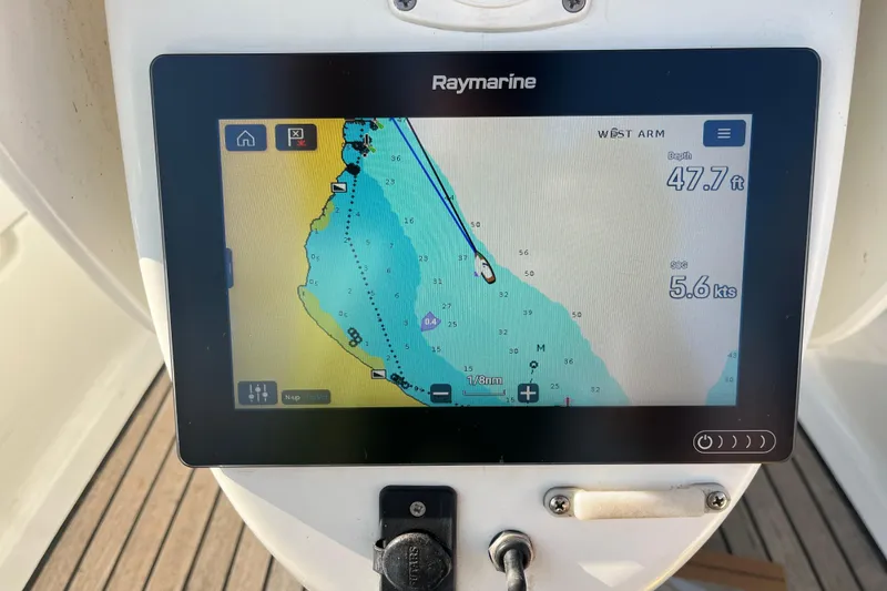 Slide: The Image of Raymarine navigation display on 2005 Jeanneau Sun Odyssey 40.3, showing depth and speed. - 50