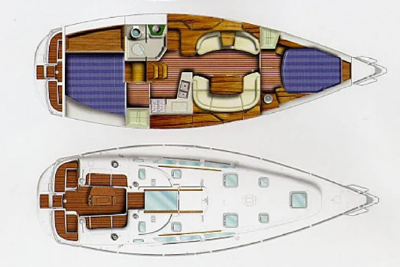 Slide: The Image of Floor plan of a 2005 Jeanneau Sun Odyssey 40.3 sailboat, showcasing interior and deck layout. - 59
