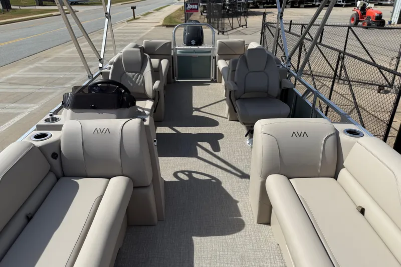 Slide: The Image of 2026 Avalon VENTURE QUAD LOUNGE pontoon boat with spacious seating and modern design. - 63