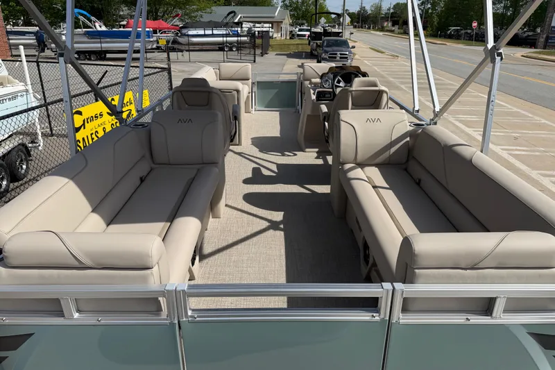 Slide: The Image of 2026 Avalon VENTURE QUAD LOUNGE pontoon boat with spacious seating and modern design. - 76