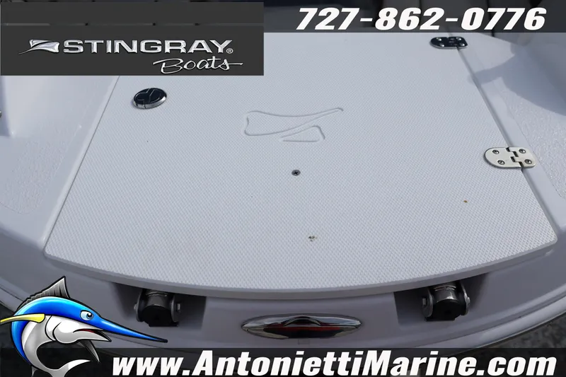 Slide: The Image of 2026 Stingray 211 DC boat deck with logo and contact details for Antonietti Marine. - 4
