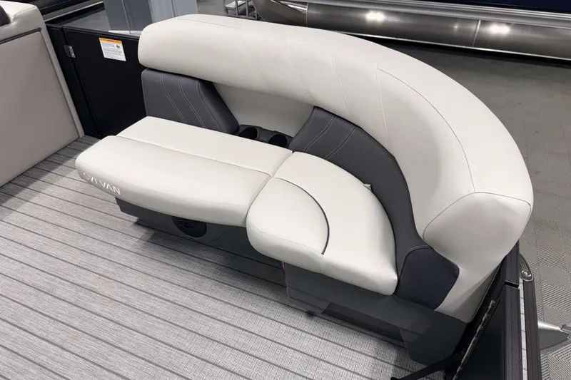 Slide: The Image of Luxurious seating on 2026 Sylvan Mirage 8520 Cruise PTS Tritoon boat, featuring elegant upholstery. - 14
