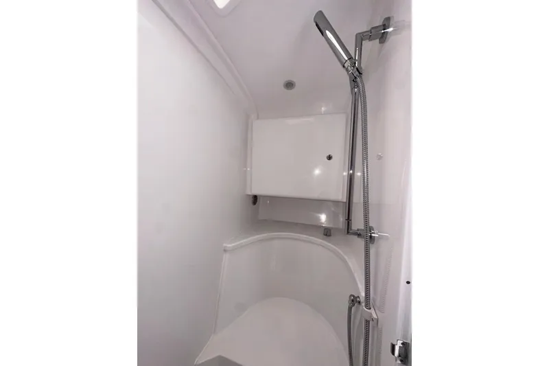 Slide: The Image of 2024 Intrepid 41 Valor boat shower with sleek, modern design and chrome fixtures. - 41