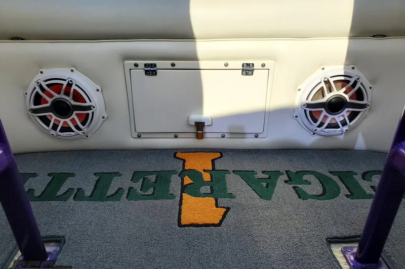 Slide: The Image of Interior of 2001 Cigarette 42' Tiger boat with speakers and branded carpet. - 103