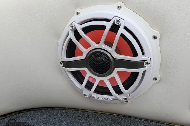 Slide: The Image of White and red JL Audio speaker on a 2001 Cigarette 42' Tiger boat. - 104