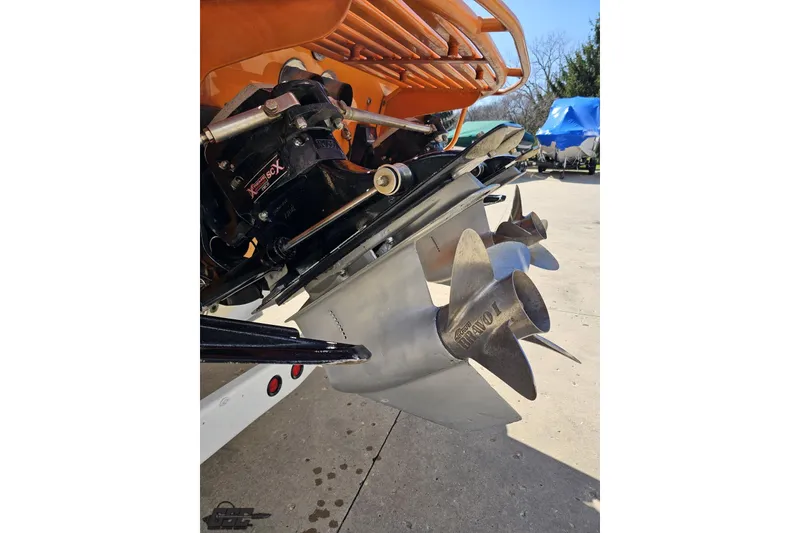 Slide: The Image of Close-up of 2001 Cigarette 42' Tiger boat propeller and drive system. - 42