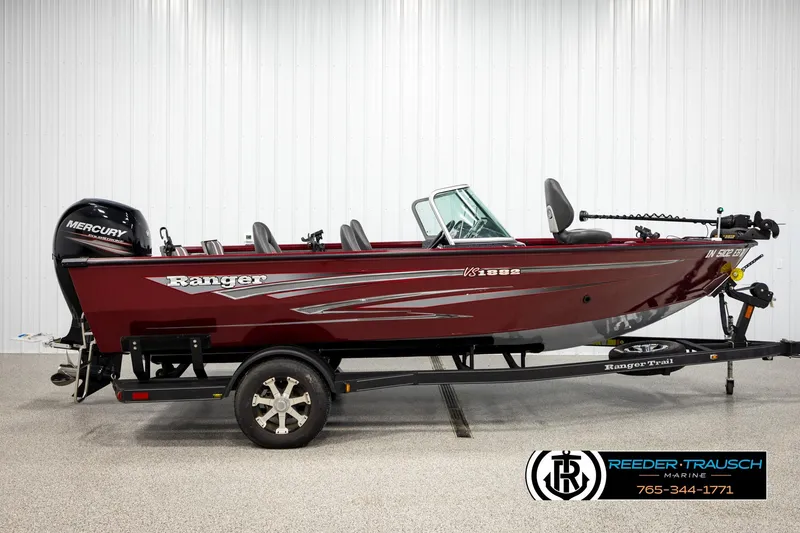 Slide: The Image of 2018 Ranger VS1882 WT fishing boat with Mercury engine on trailer in showroom. - 4