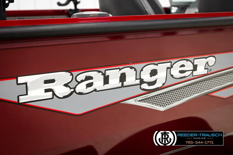 Slide: The Image of Red 2018 Ranger VS1882 WT boat with bold logo and Reeder-Trausch Marine branding. - 61