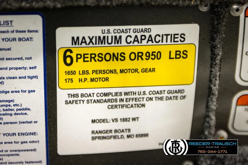 Slide: The Image of 2018 Ranger VS1882 WT boat capacity label, 6 persons or 950 lbs, 175 HP motor. - 65