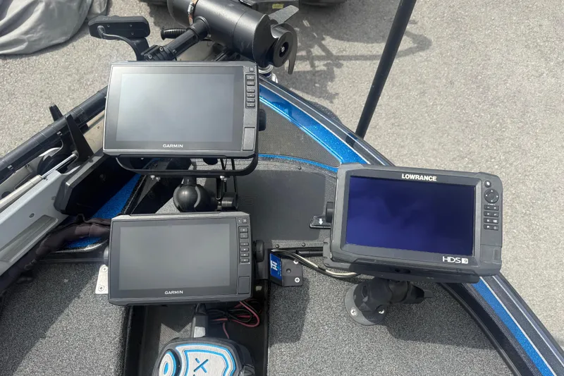 Slide: The Image of 2019 Nitro Z21 Pro boat dashboard with Garmin and Lowrance fish finders. - 9