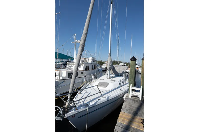 Slide: The Image of 1996 Catalina 36 MkII sailboat docked at a marina under clear blue skies. - 4