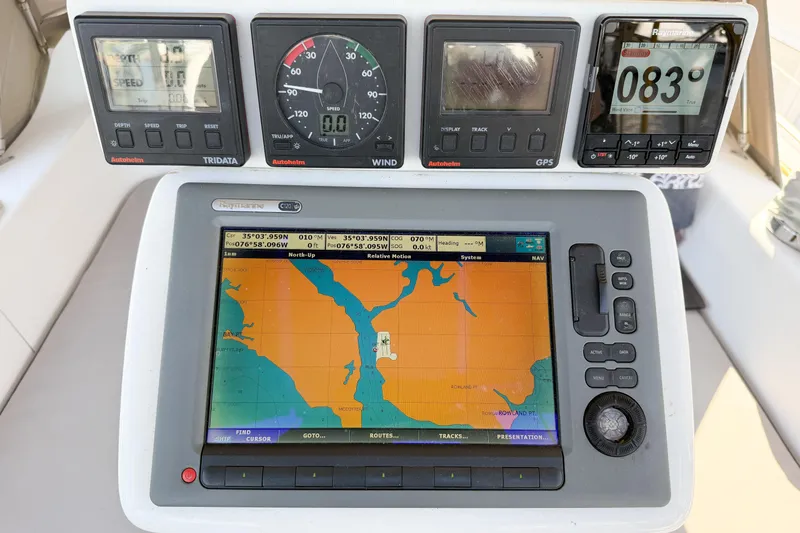 Slide: The Image of Navigation instruments on a 1996 Catalina 36 MkII sailboat, featuring GPS and wind displays. - 63